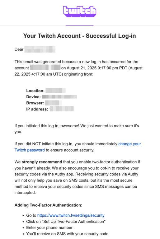 Twitch login confirmation email
