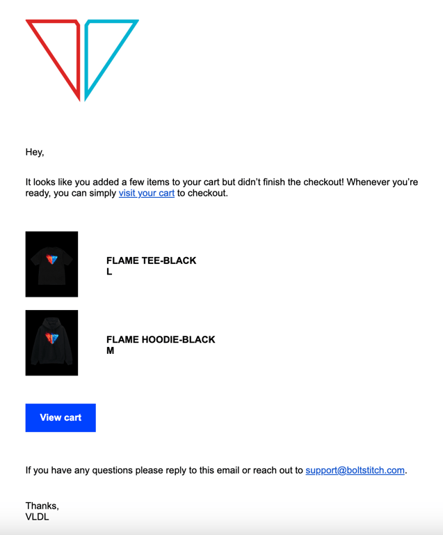 Viva La Dirt League abandoned cart email