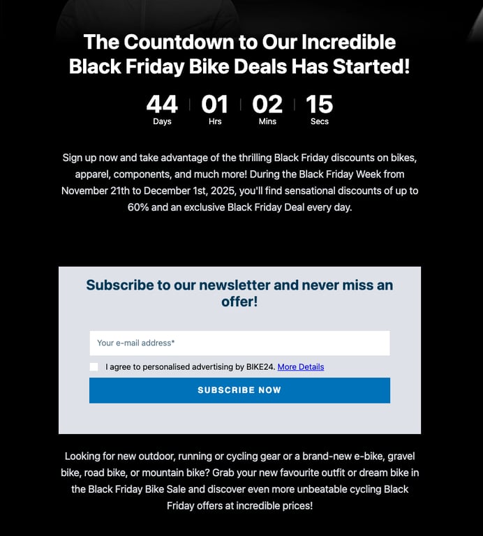 BIKE24 Black Friday landing page with a signup form