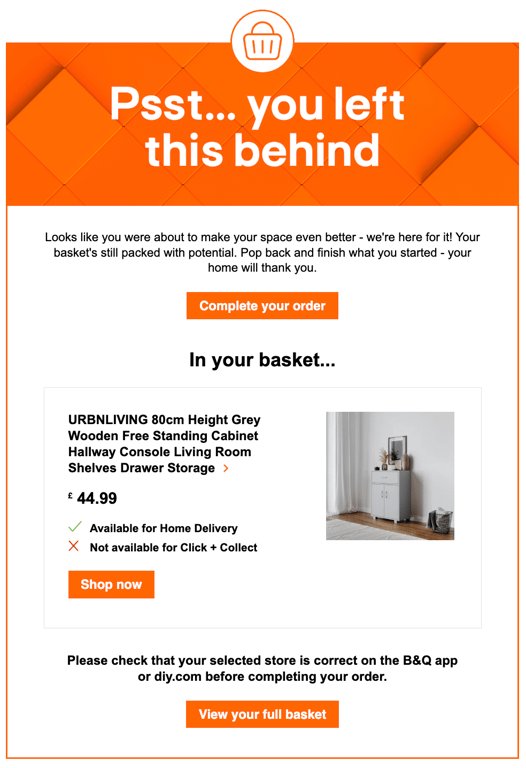 B&Q abandoned cart recovery email