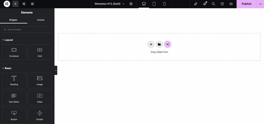 The main Elementor user interface