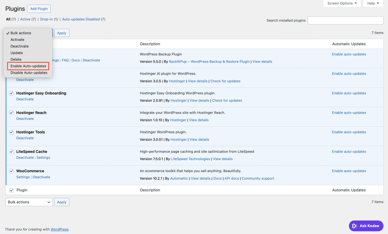 The WordPress Enable Auto-updates bulk action menu on the Installed plugins list