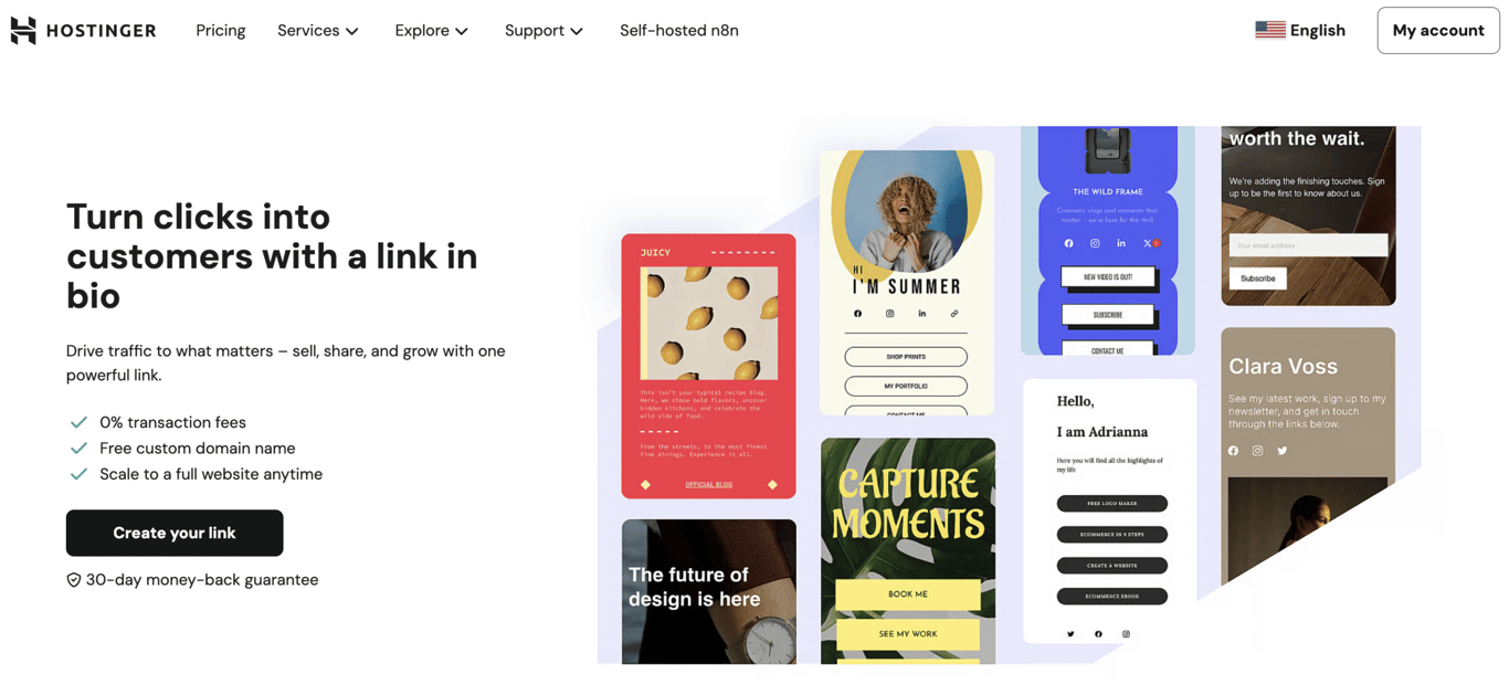 Landing page for Hostinger's link-in-bio tool