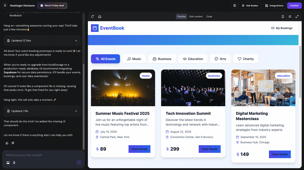 Hostinger Horizons' web app editor interface