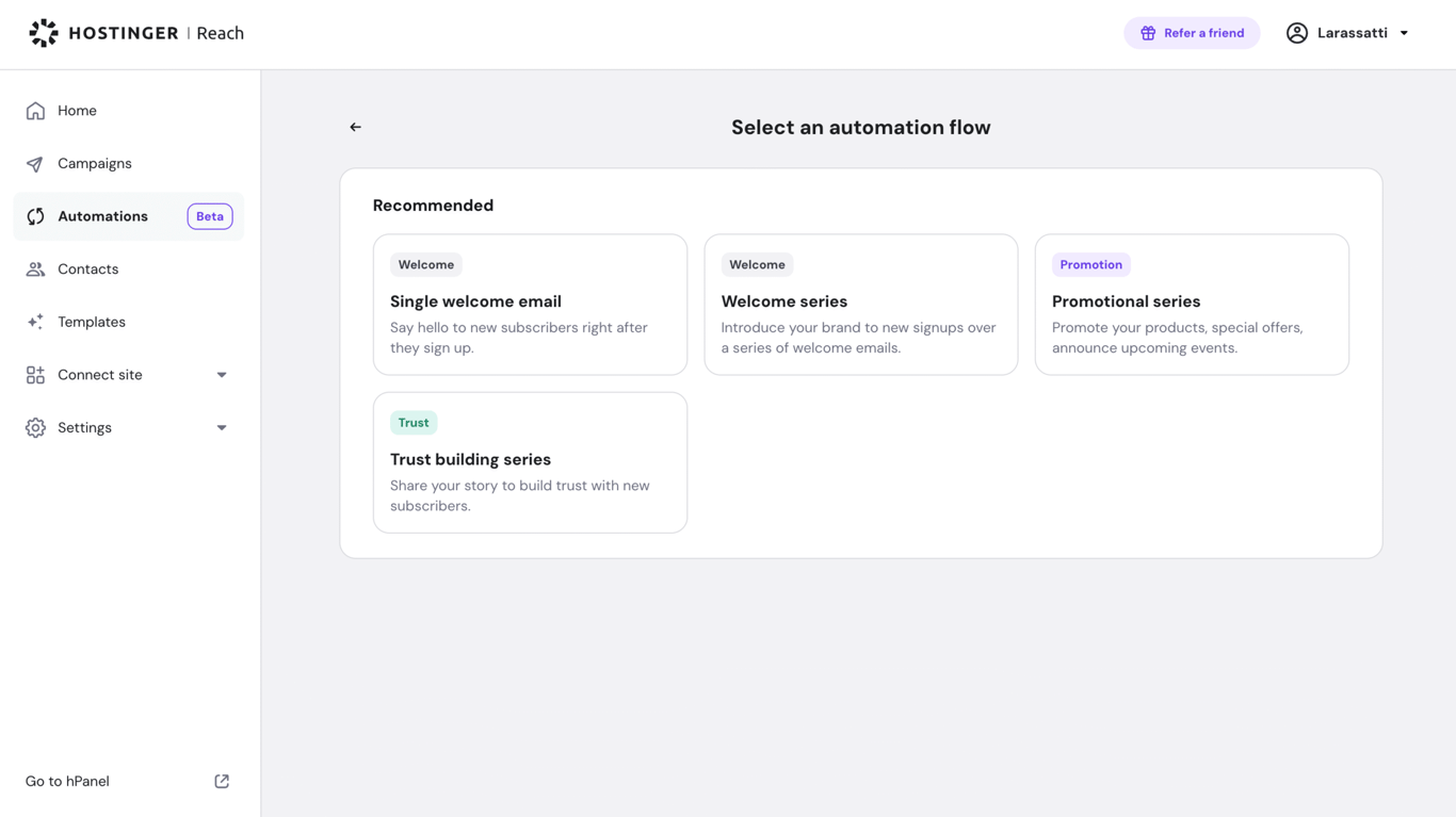 The Hostinger Reach dashboard showing the Automations menu