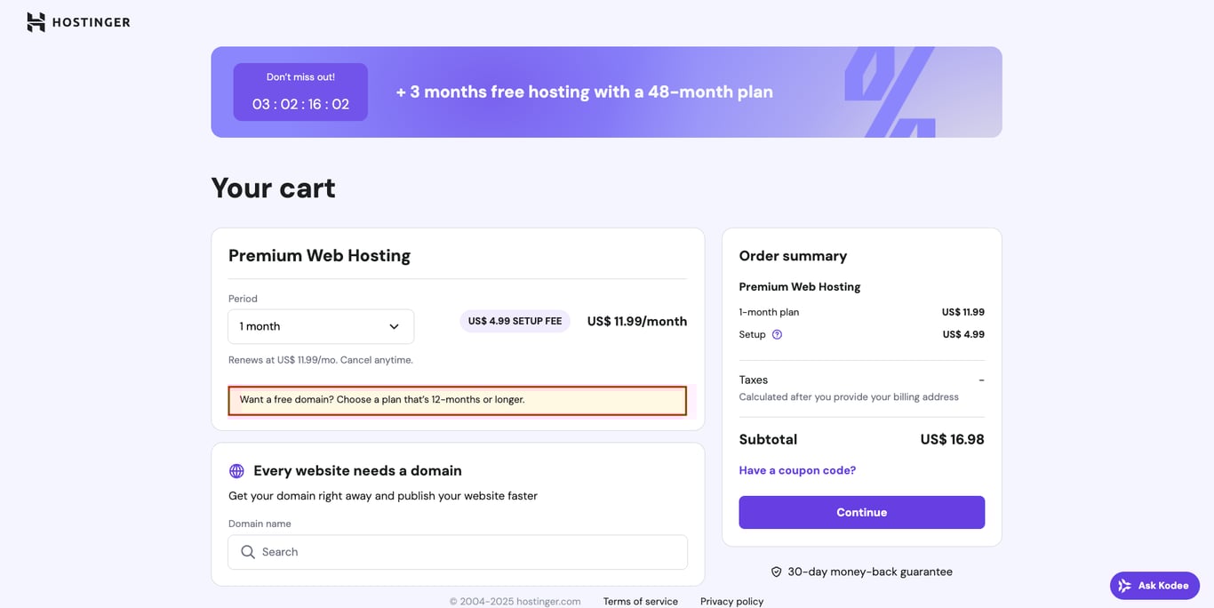 Hostinger cart, highlighting the upsell message