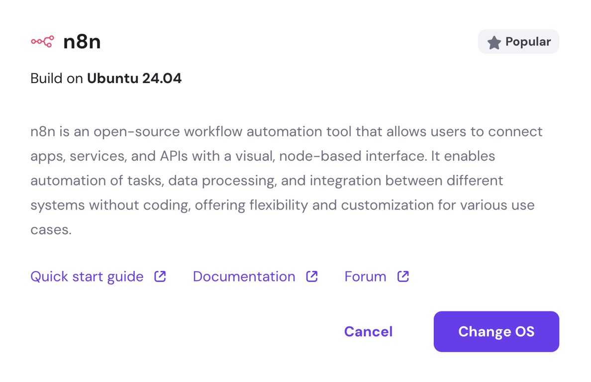 Selecting the n8n on Ubuntu 24.04 OS template in hPanel.