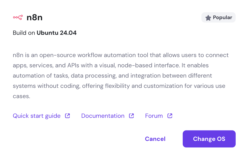 Selecting the n8n on Ubuntu 24.04 OS template in hPanel.