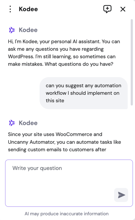 A chat window with Kodee, Hostinger's AI Assistant