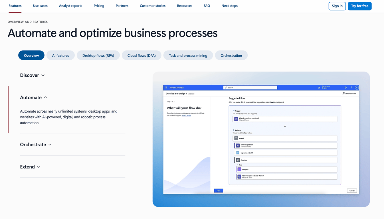 Microsoft Power Automate's homepage