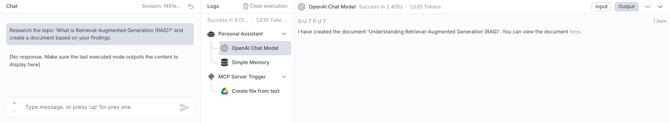 The n8n chat box showing the assistant's confirmation and a link to the created document.