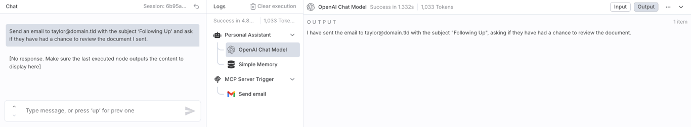 The n8n chat box showing the confirmation message after successfully sending an email.