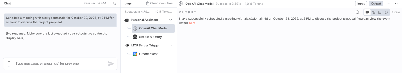 The n8n chat box showing the confirmation message after successfully scheduling a meeting.