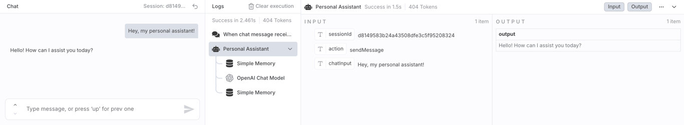 A screenshot of the n8n editor's built-in testing chat box for the Chat Trigger node.