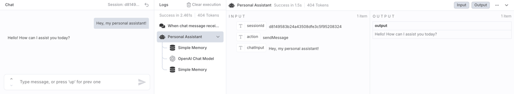 A screenshot of the n8n editor's built-in testing chat box for the Chat Trigger node.