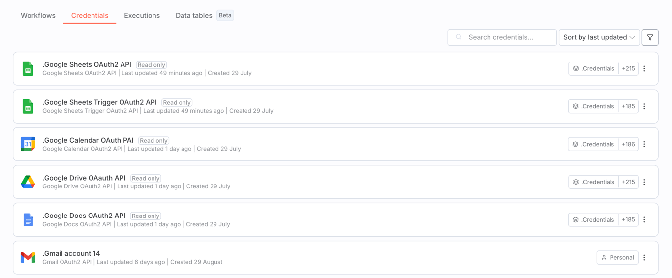 n8n's Credentials menu.