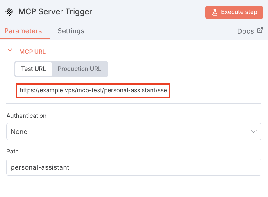 The n8n MCP Server Trigger node, with its unique Test URL field highlighted for copying.