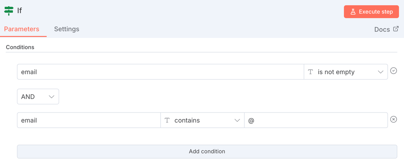 n8n's IF node validating an email address.