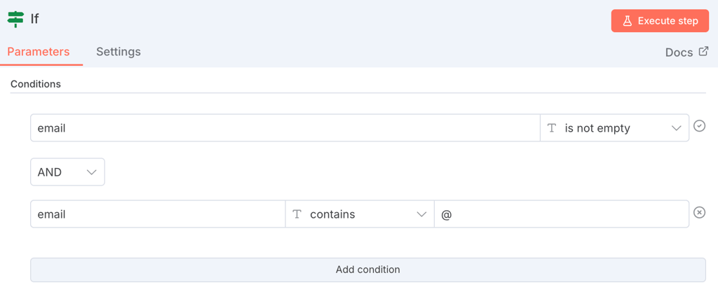 n8n's IF node validating an email address.