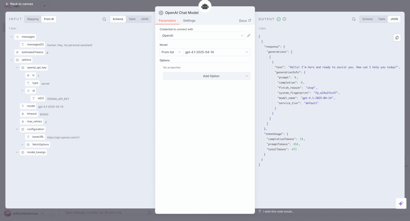 The n8n OpenAI Chat Model node's parameters, with the gpt-4.1-2025-04-14 model selected.