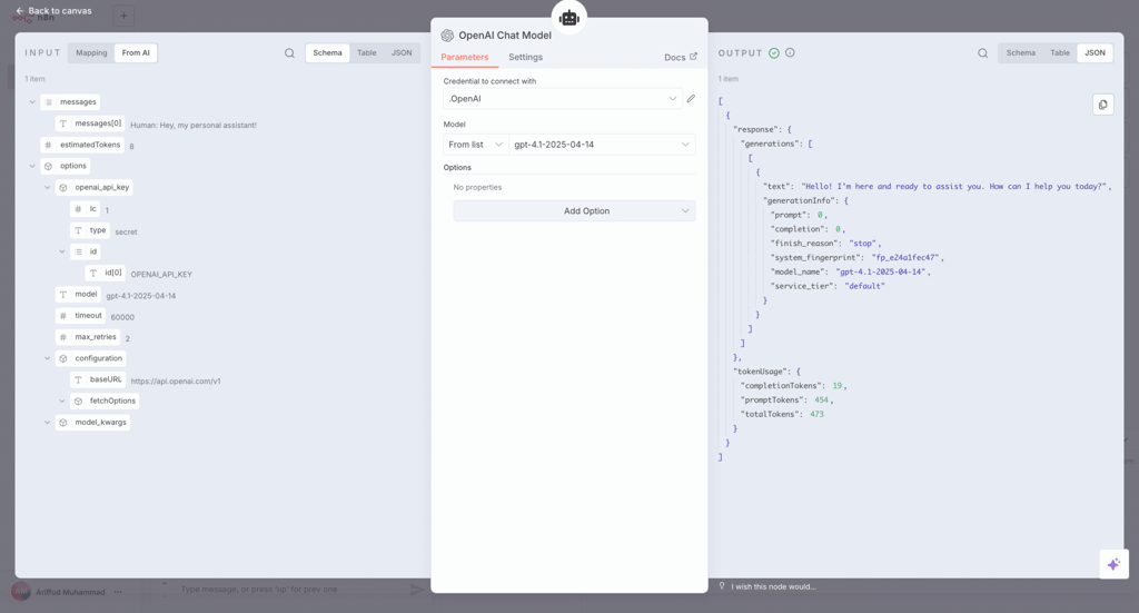 The n8n OpenAI Chat Model node's parameters, with the gpt-4.1-2025-04-14 model selected.