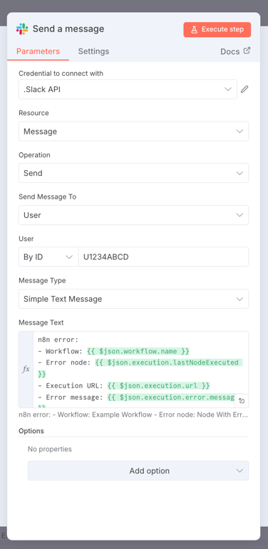 The n8n Slack node's parameters, showing the custom error message with dynamic data.