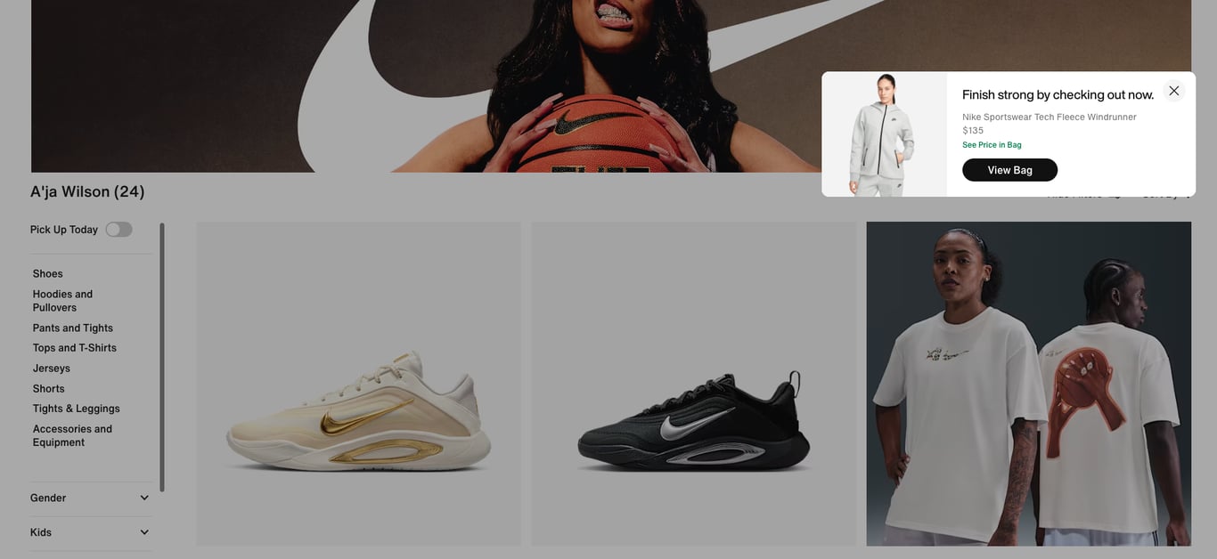 Nike's exit-intent popup for abandoned cart recovery
