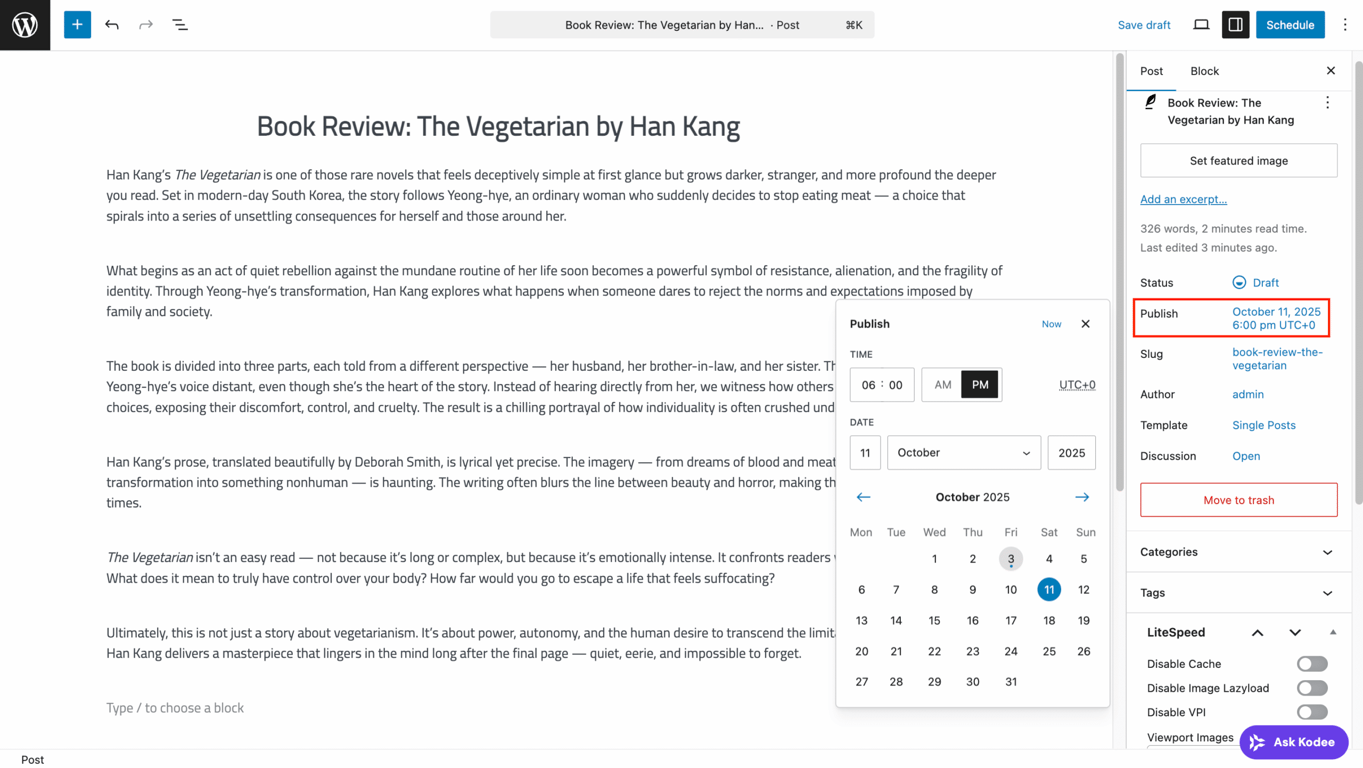 The Publish option on the WordPress post editor's Settings panel