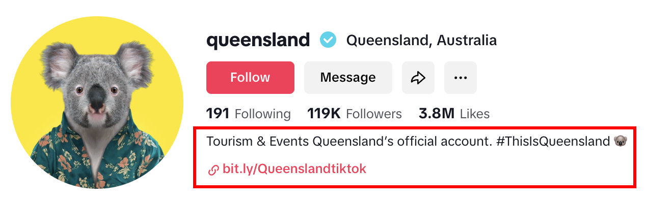 TikTok profile of Tourism and Events Queensland, showing their link in bio
