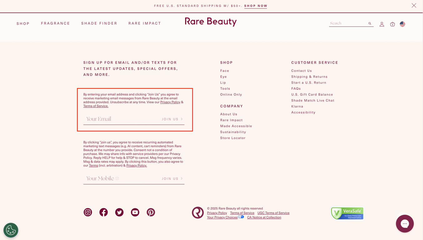 An email sign-up form on Rare Beauty's site footer