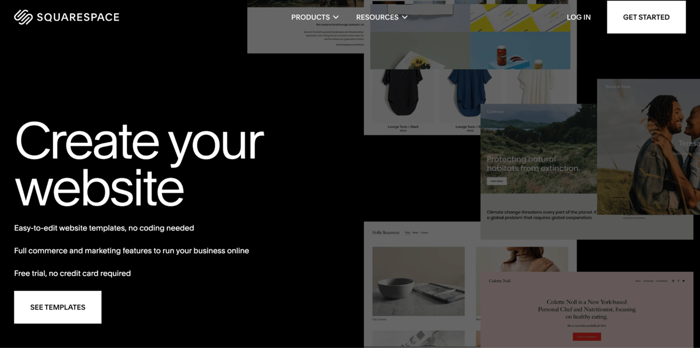 Screenshot of Squarespace website