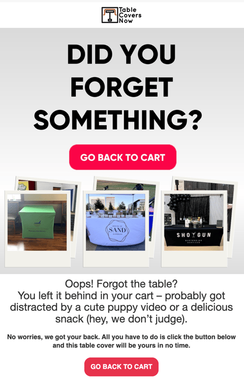 Table Covers Now's abandoned cart recovery email