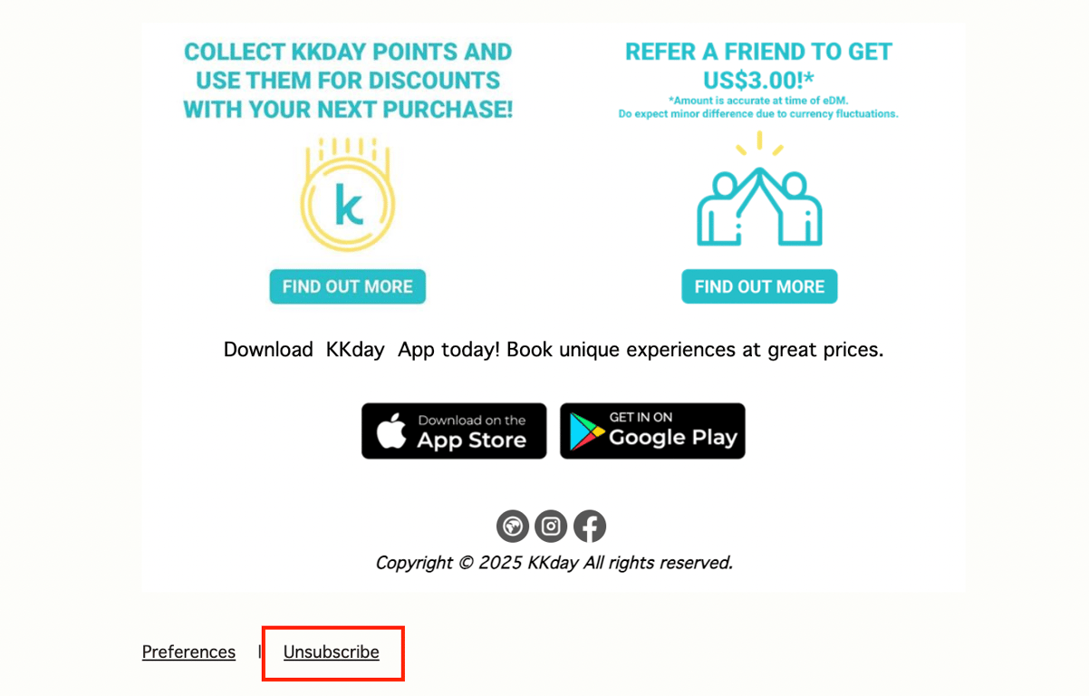 The Unsubscribe button on KKday's newsletter