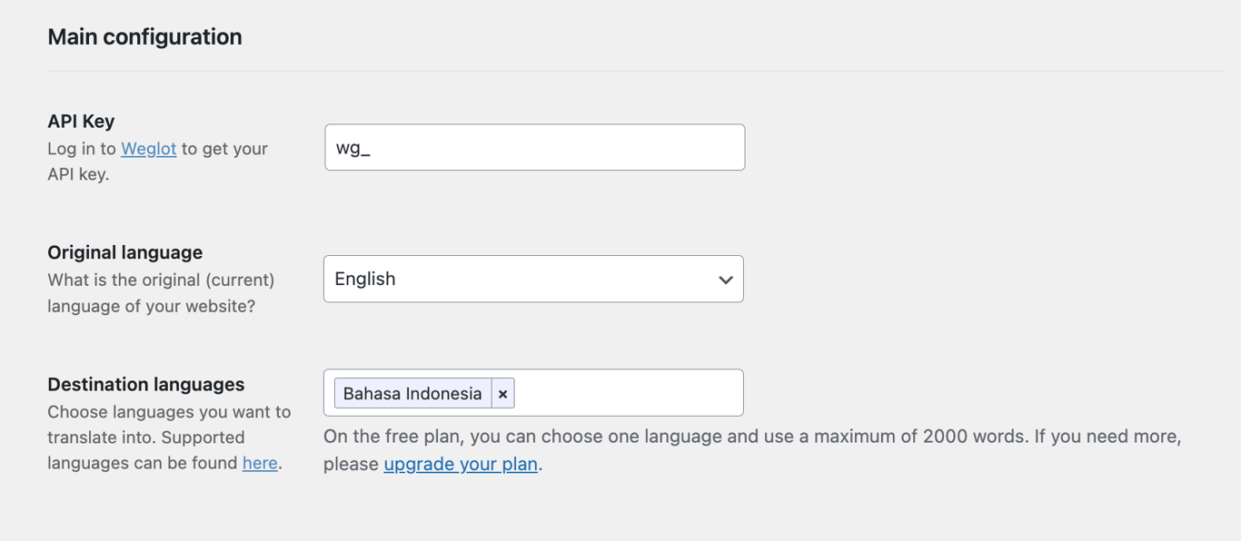 The Weglot initial configuration page on a WordPress dashboard