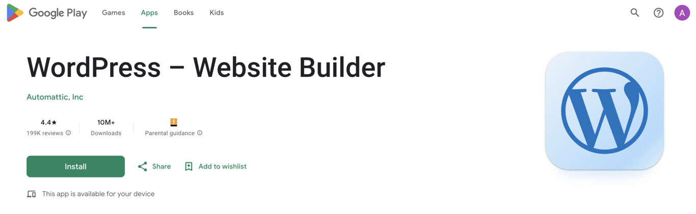 The WordPress mobile app on the Google Playstore's download page
