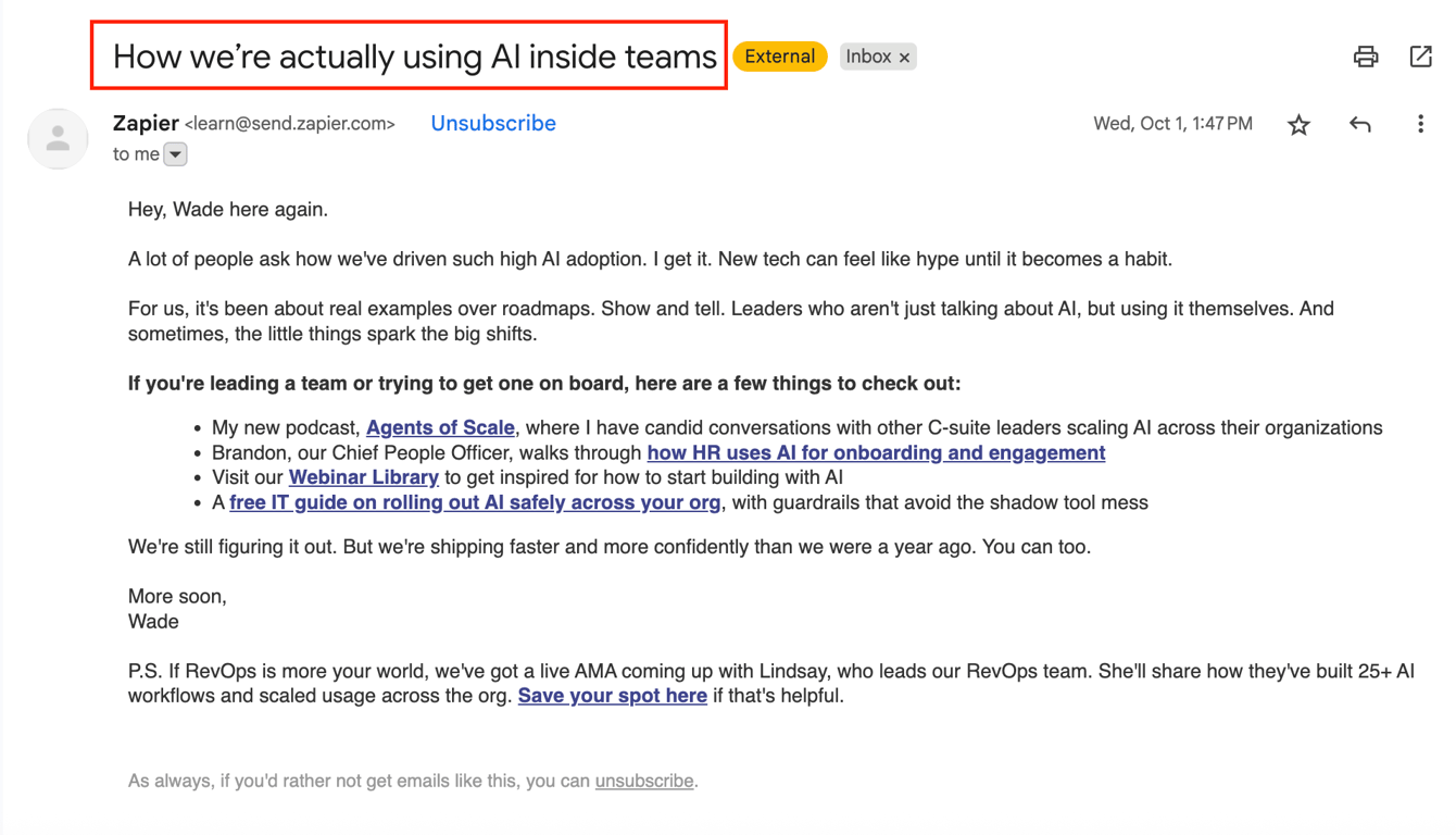 Zapier's email newsletter subject line