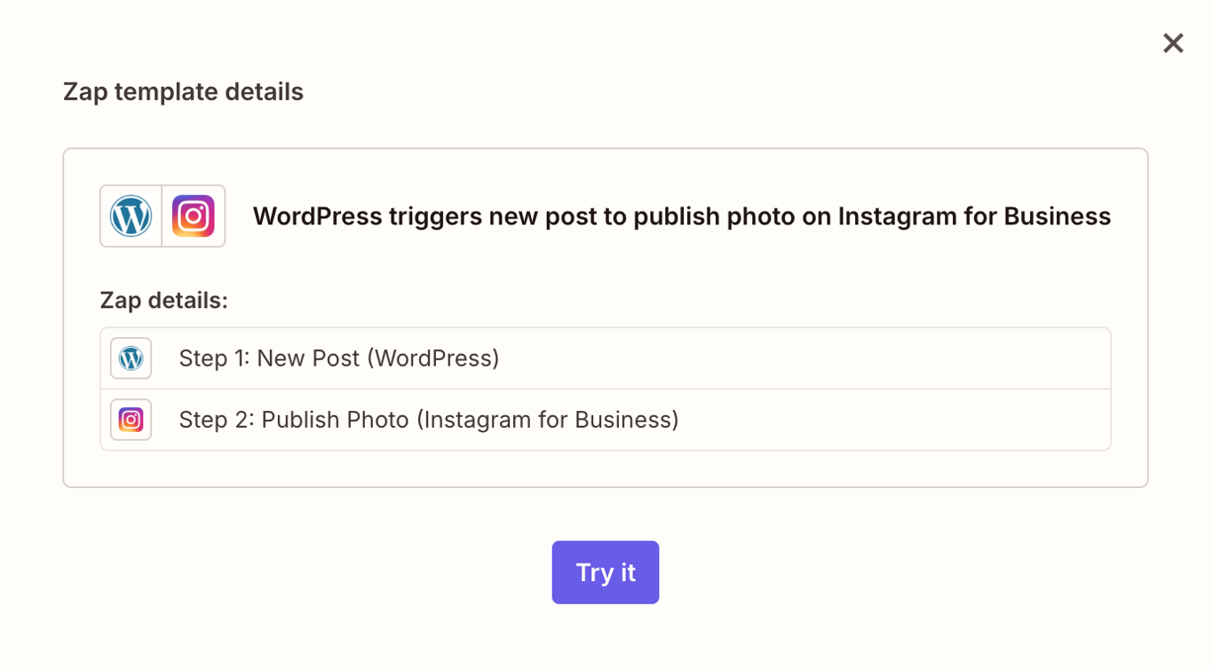 Zapier automation template that triggers Instagram new post after a WordPress post is published