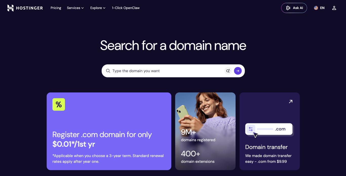 Homepage of Hostinger Domain Name Search, an ICANN-accredited registrar that pairs affordable domains with hosting.