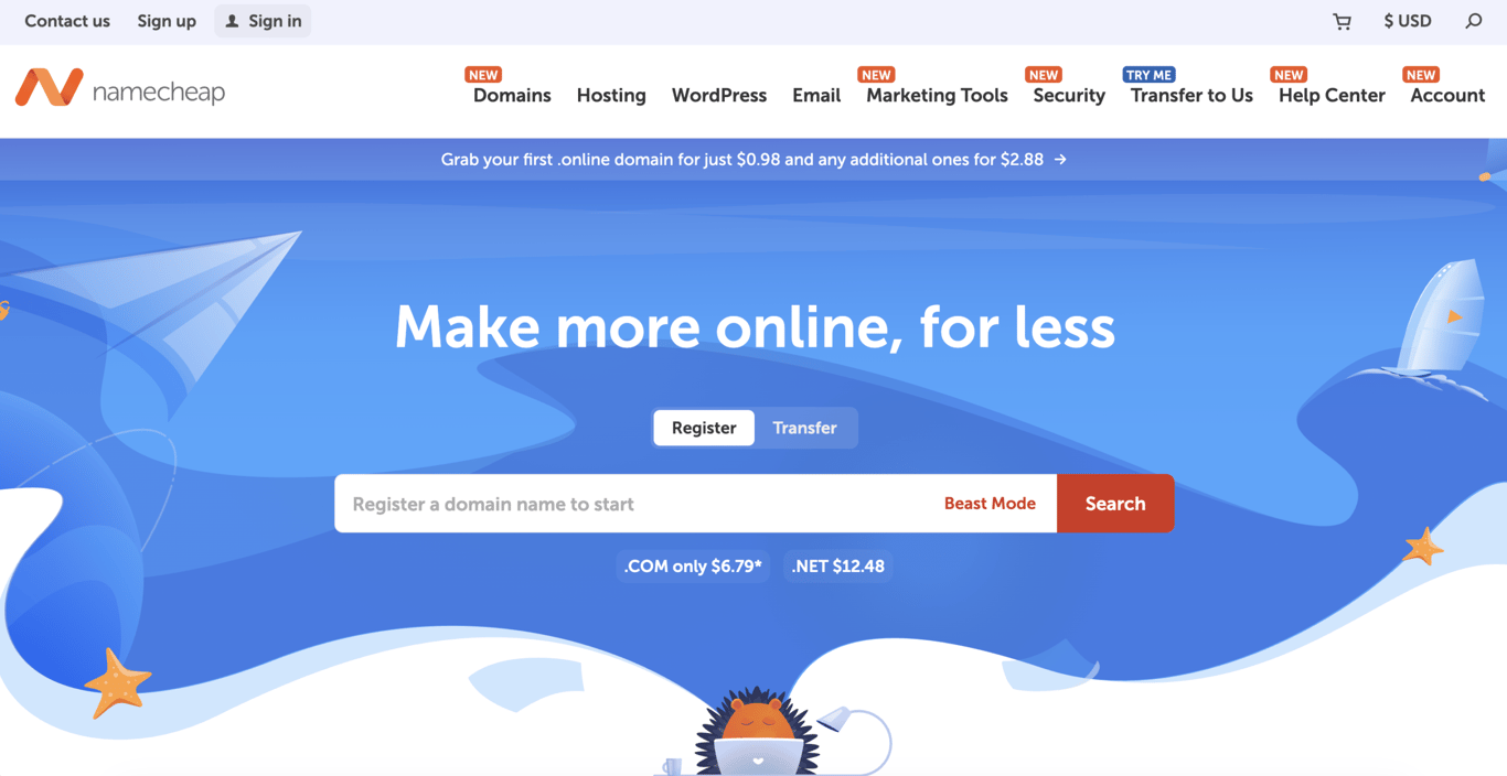 Homepage of Namecheap, a long-running budget registrar with one of the friendliest dashboards for beginners.