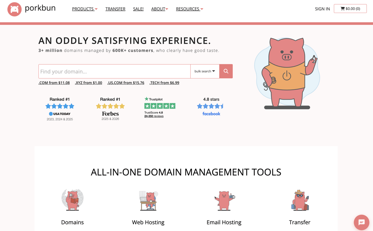 Homepage of Porkbun, a Portland-based registrar that charges the same at registration and renewal on most extensions.
