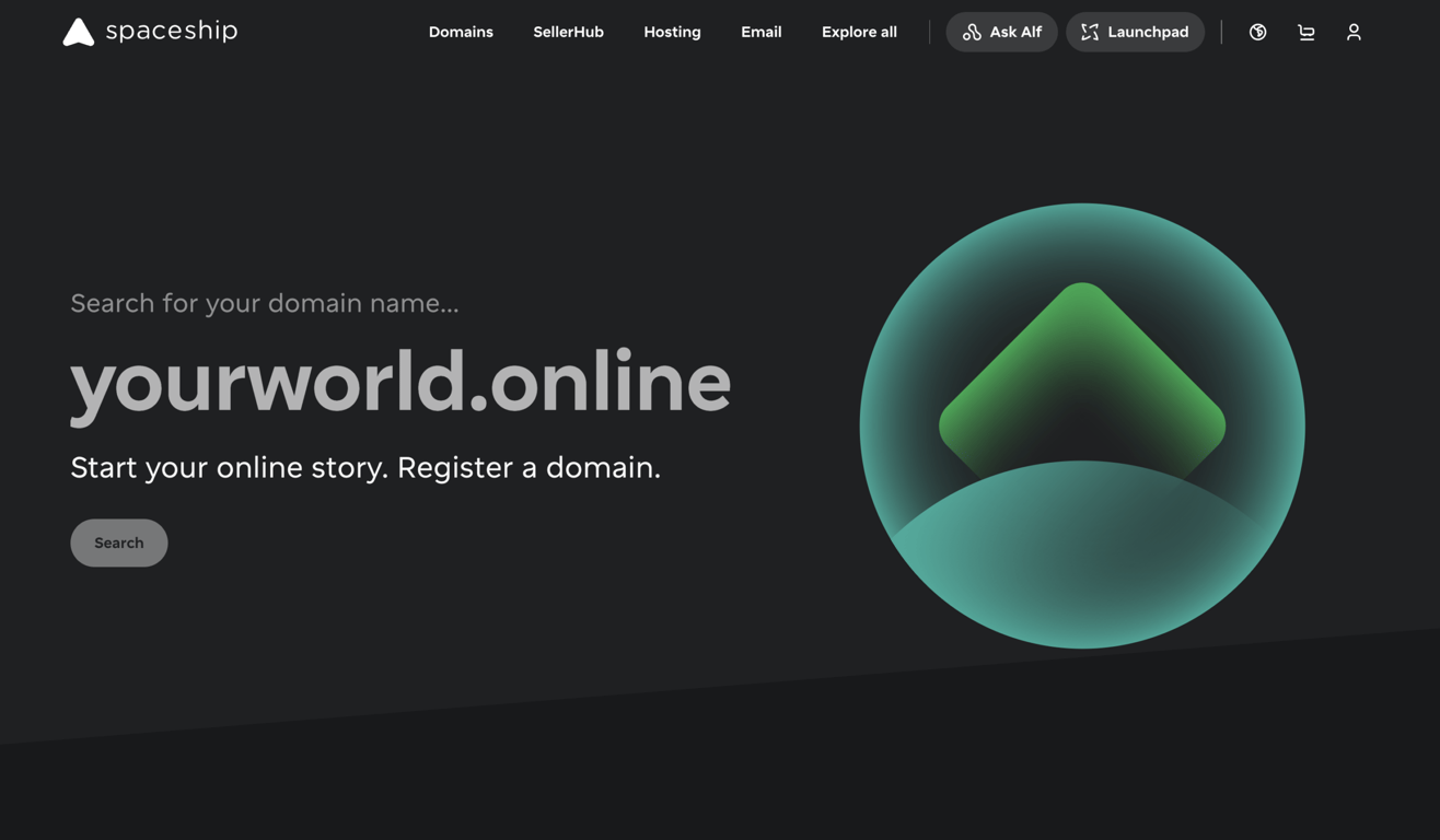 Homepage of Spaceship, a newer registrar built and owned by Namecheap, launched in 2023, and already managing more than 1 million domains.
