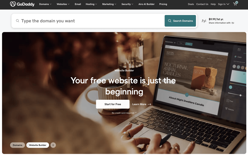 Homepage of GoDaddy, the largest registrar by volume.