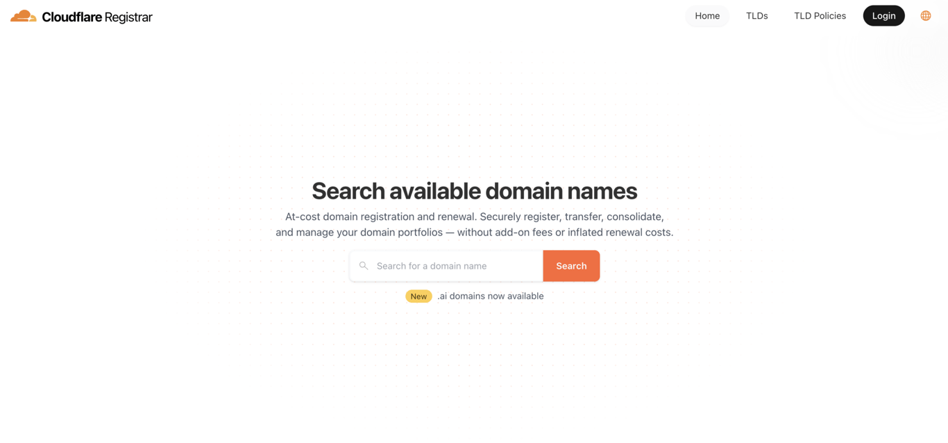 Homepage of Cloudflare, the domain arm of the security and performance company, and it sells domains at cost.