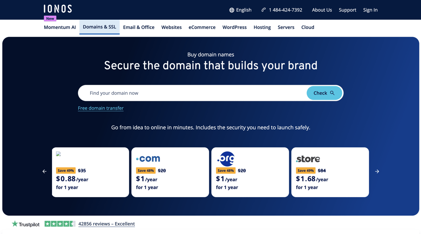 Homepage of IONOS, a European hosting provider that also registers domains, and it's at its best when you bundle the two.