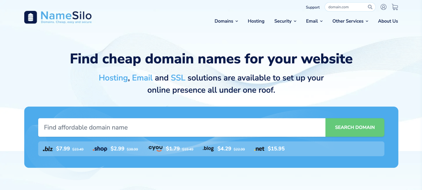 Homepage of NameSilo, a service built for managing many domains.