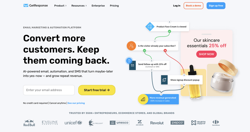 Homepage of GetResponse