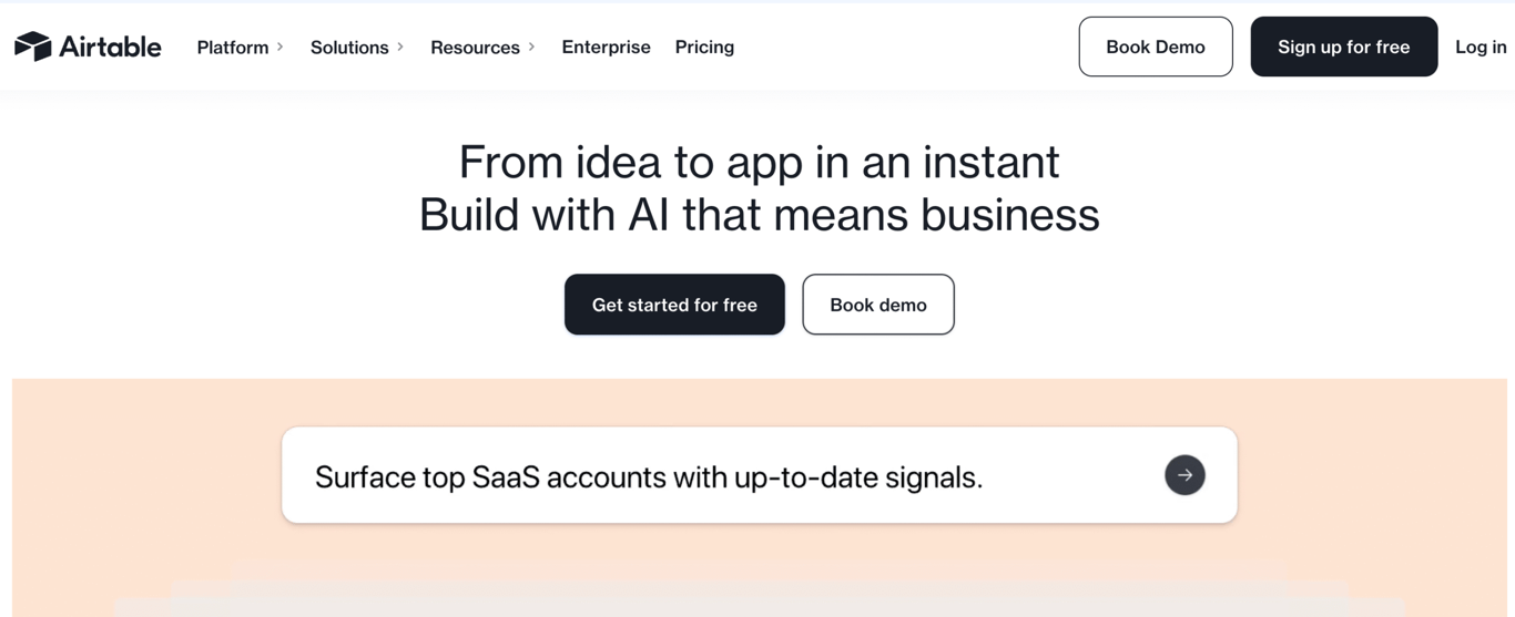 Homepage of Airtable