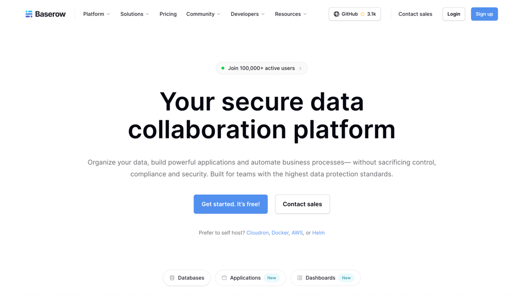 Baserow's landing page