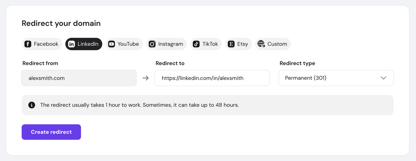 Domain registrar forwarding settings with the LinkedIn URL entered