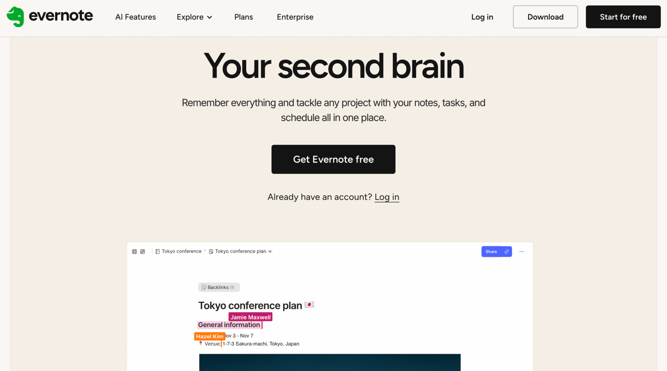 Homepage of Evernote